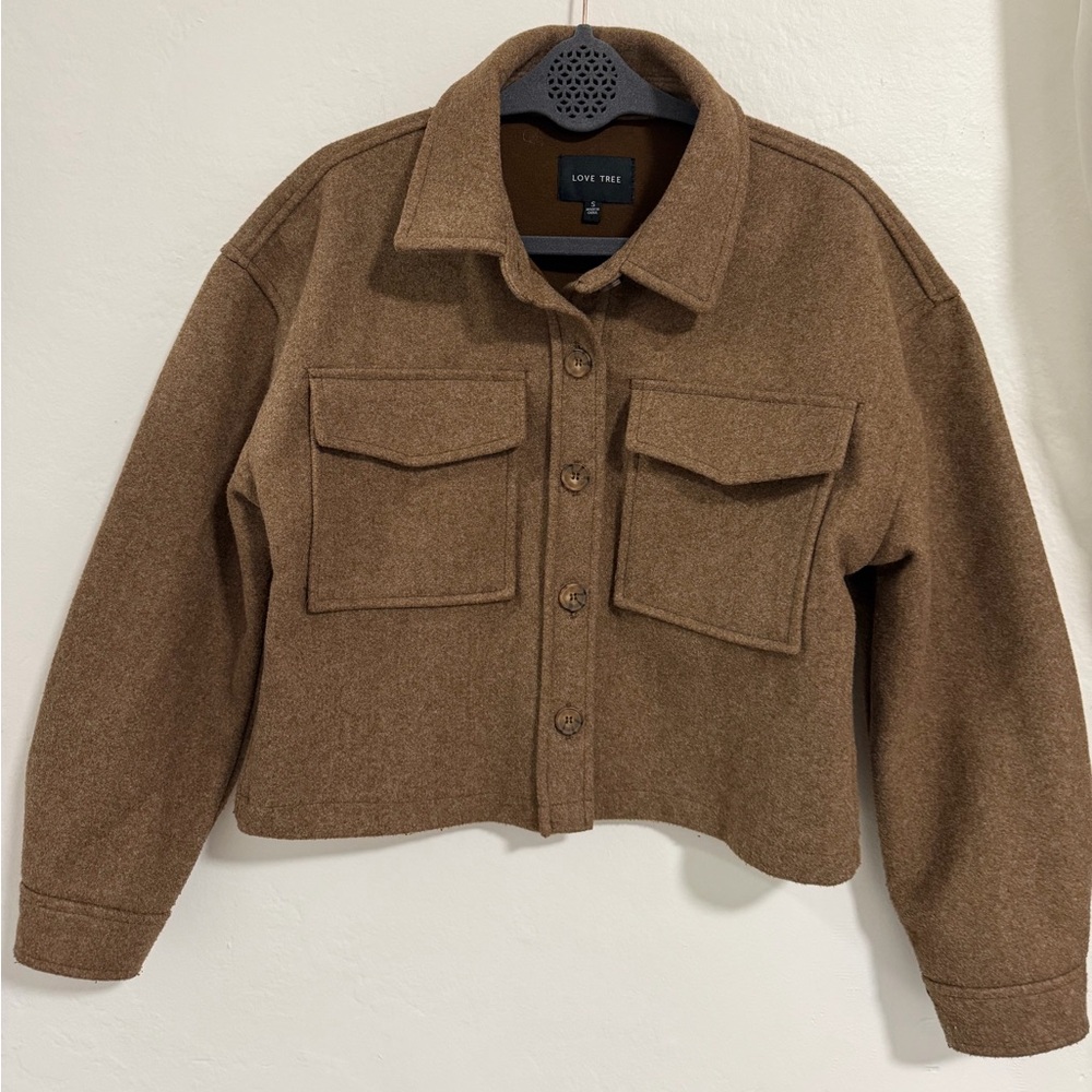 Love Tree Cropped Shacket Jacket Brown Button Front Wool Look, Small